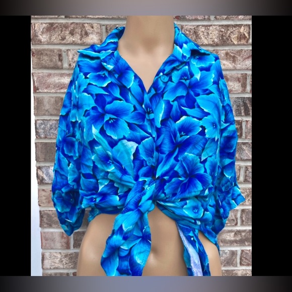 Vintage 80s Bright Blue Floral Hawaiian Shirt - Picture 4 of 7